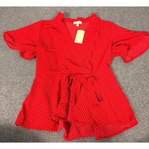 Monteau Women's Red Polka Dot Wrap Front Ruffle Sleeve Blouse Size L NWT